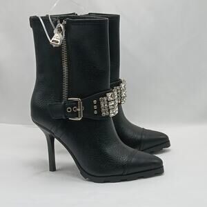Karl Lagerfeld Boot Women 6.5 Black Leather Crystal Whimsigoth Western Glam Moto